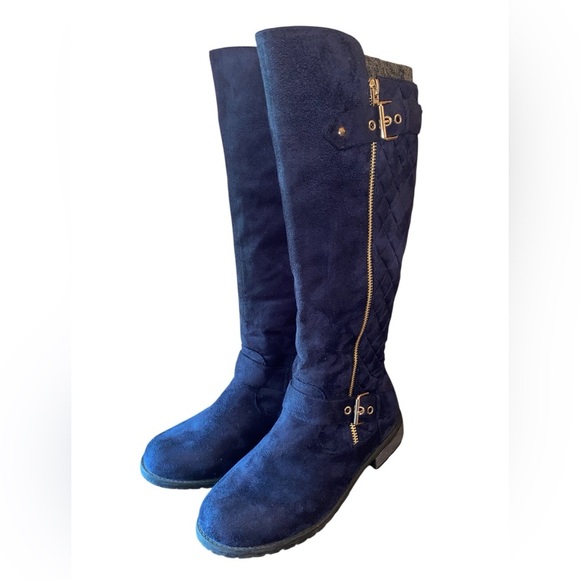 FOREVER Link Mango-23 Suede Knee High Side Zip Riding Boots Black/Gold SZ 7-1/2 - Picture 1 of 11